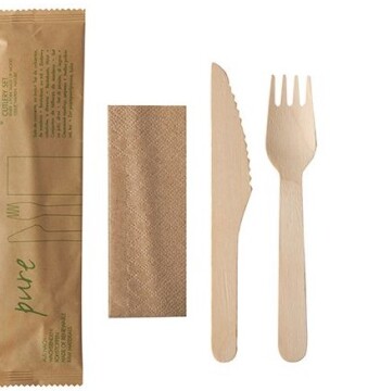 Besteckset aus Birkenholz (Messer, Gabel, Serviette)  Pack (50 Stück)